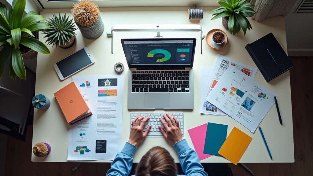 Designer travaillant sur la composition d'une bannière héro avec palette de couleurs et croquis sur le bureau