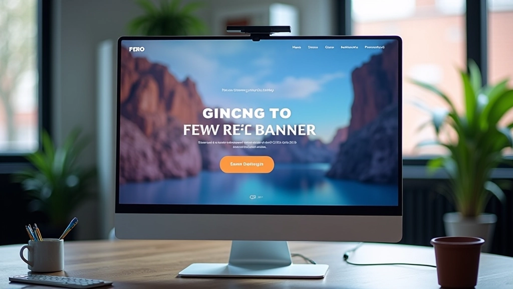 Moniteur de bureau affichant une bannière héro avec bouton CTA bien positionné